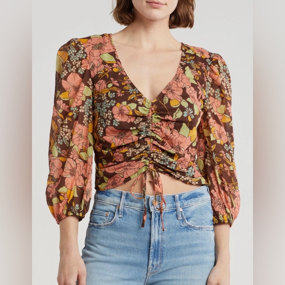 MOTHER Floral Ruched Top Boho Sheer 3/4 Sleeve Brown Pink Medium NWT
